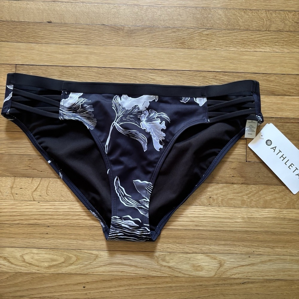 Athleta Floral Bikini Bottoms Medium Navy Blue White Strappy Swim Athletic Pool
